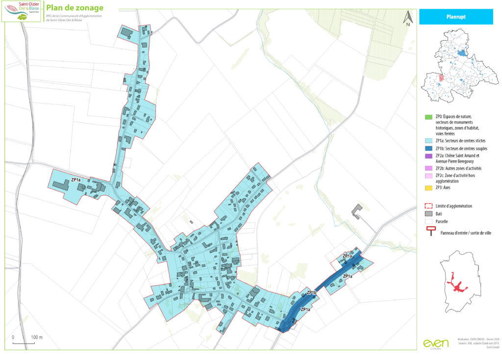 Plan de zonage de Planrupt avec secteurs urbanisés, zones naturelles et infrastructures, détaillé par couleur.