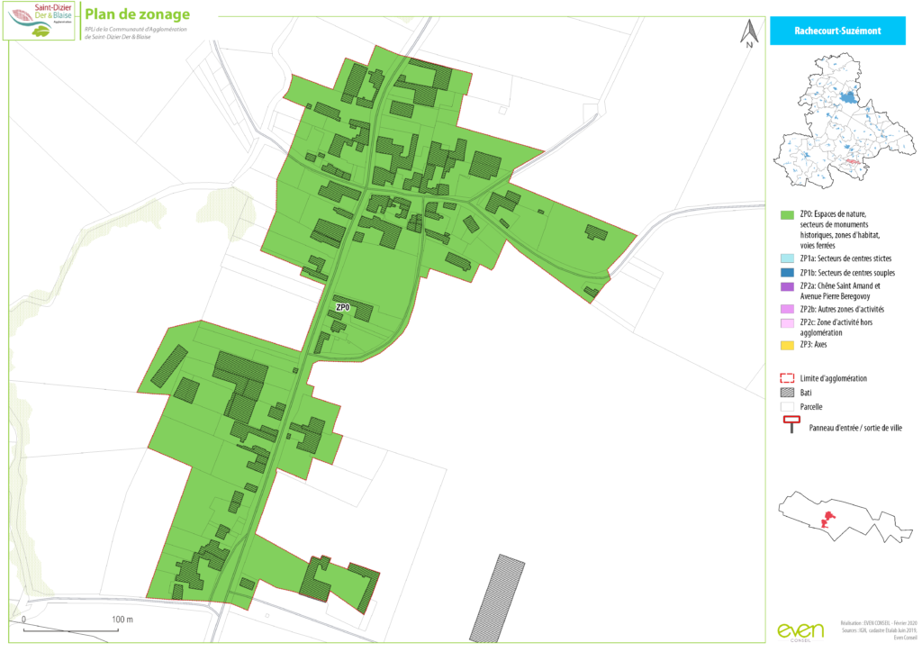 Plan de zonage de Rachecourt-Suzémont montrant les espaces naturels, habitations et zones d'activité.
