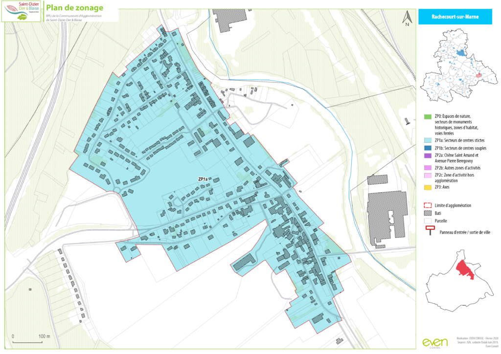 Carte de zonage de Rachecourt-sur-Marne, montrant les zones d'activités et les limites d'agglomération.