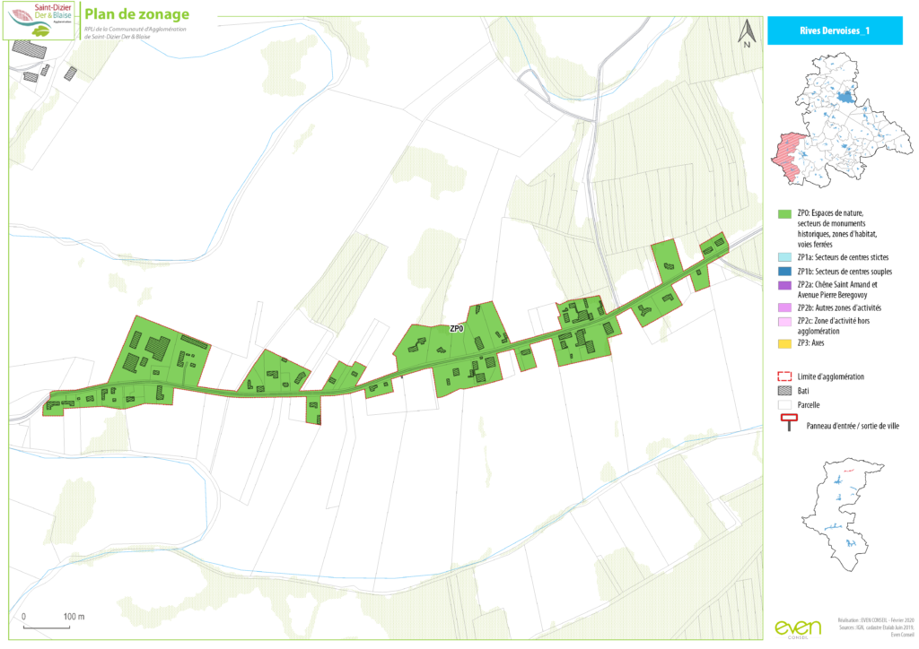 Plan de zonage de Saint-Dizier Der et Blaise montrant les zones bâties, espaces naturels, et axes principaux.