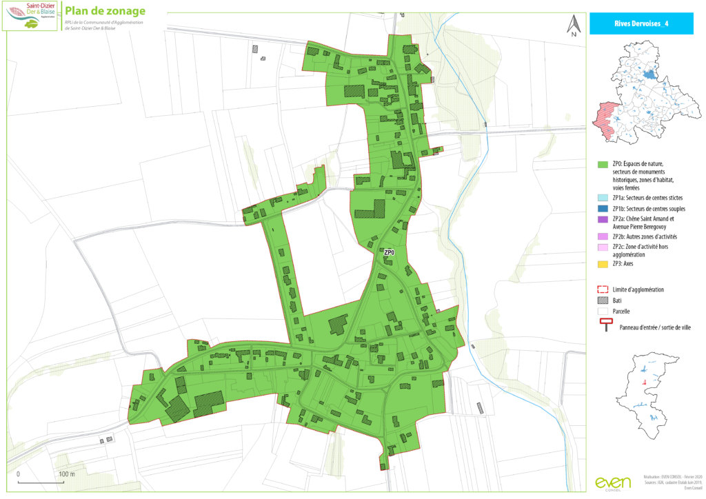 Carte de zonage de l'agglomération Saint-Dizier, Der et Blaise, montrant espaces naturels et zones bâties.