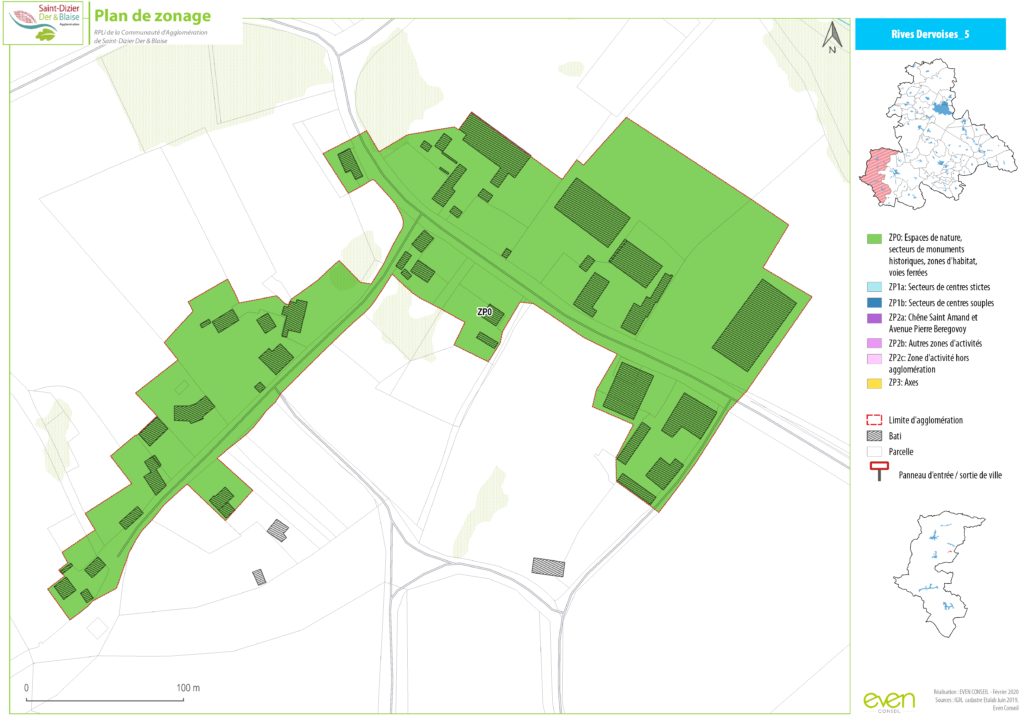 Plan de zonage des Rives Dervoises montrant les espaces verts, bâtis et limites d'agglomération à Saint-Dizier.