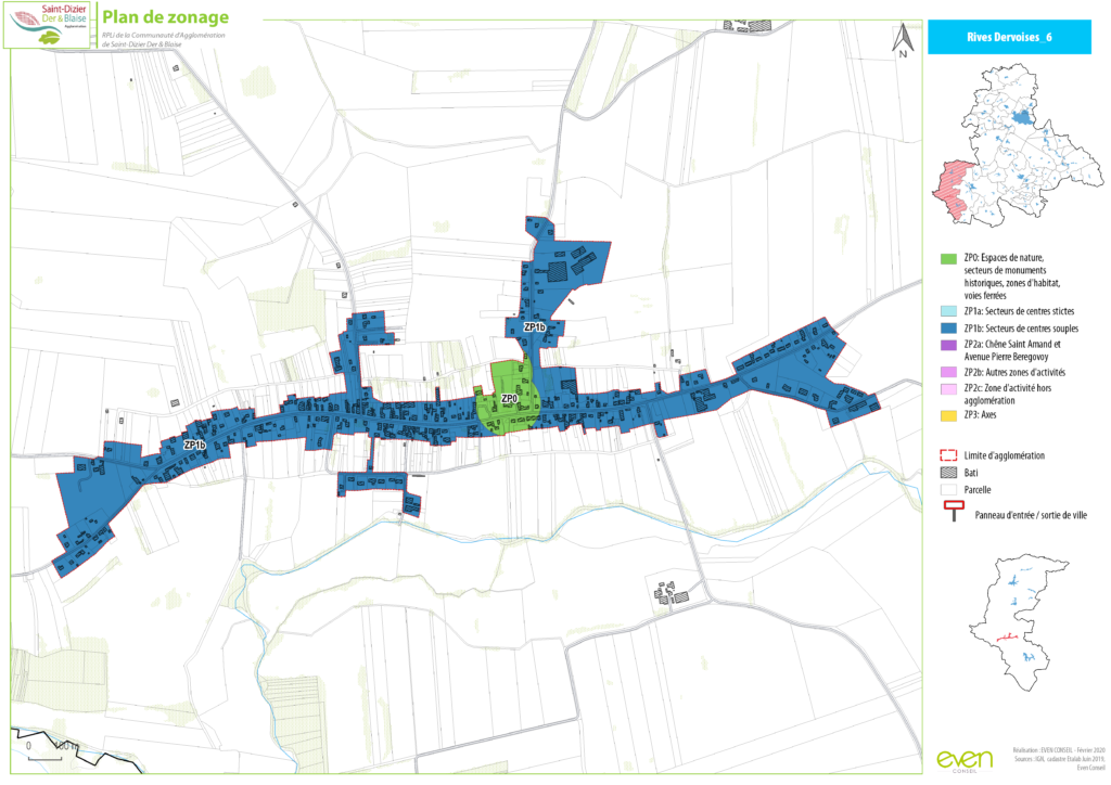 Plan de zonage de Saint-Dizier présentant les zones d'activités et espaces de nature délimités par couleur.