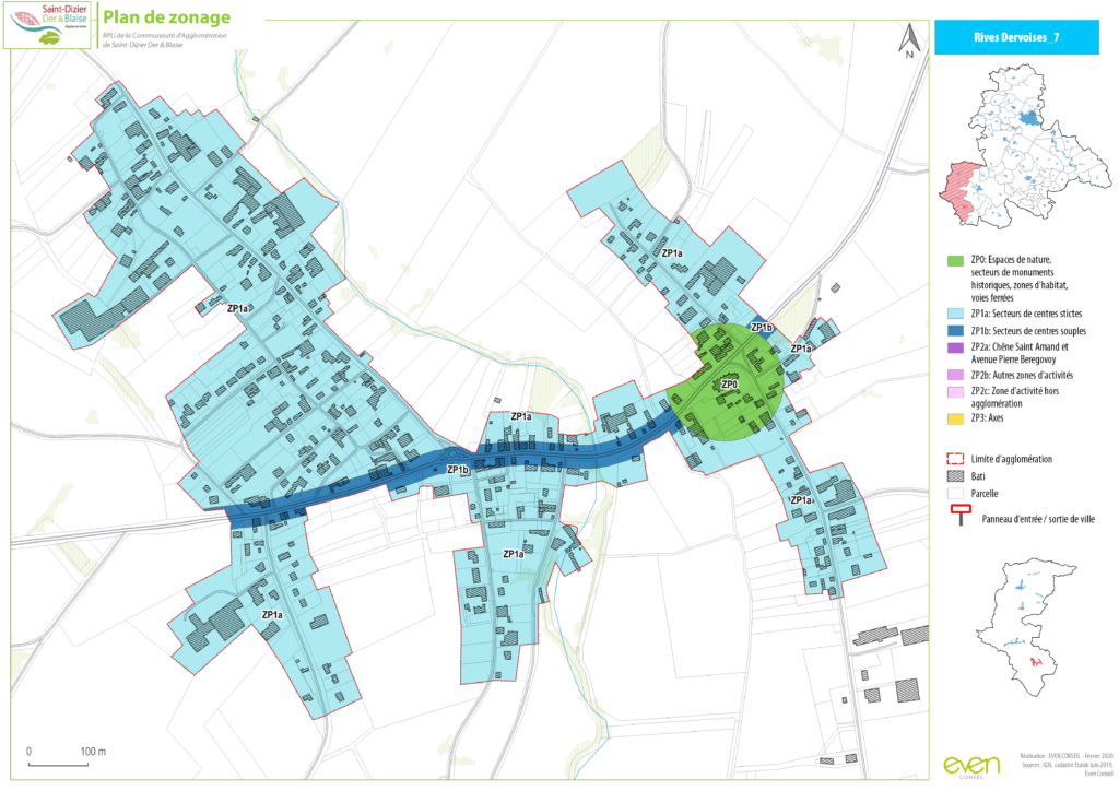 Plan de zonage des Rives Dervoises avec délimitations ZP0 à ZP3, montrant espaces naturels et secteurs d'activité.