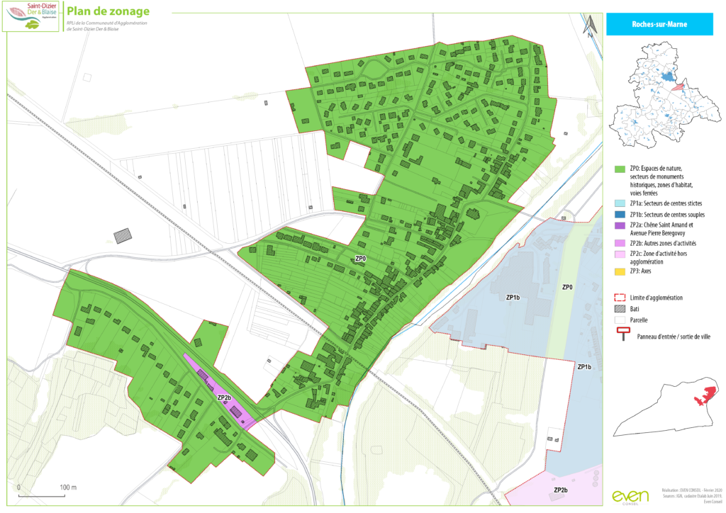 Plan de zonage de Roches-sur-Marne montrant les espaces verts, zones bâties et limites d'agglomération.
