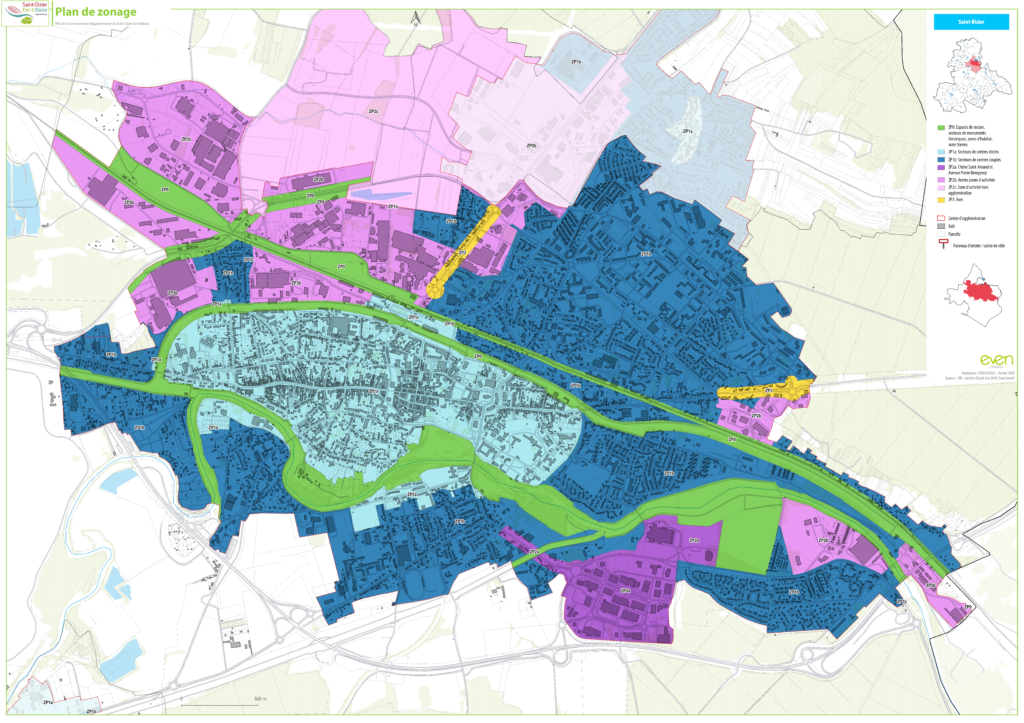 Carte de zonage de Saint-Dizier montrant les différentes zones colorées pour usage industriel, résidentiel et agricole.