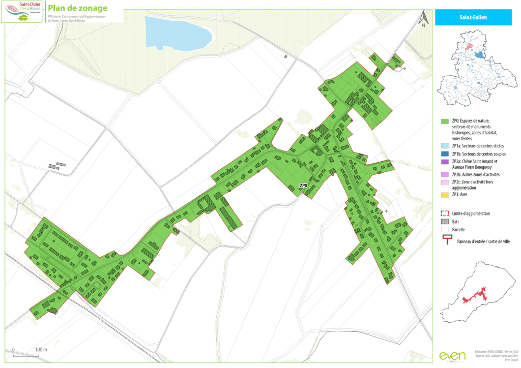 Plan de zonage de Saint-Eulien montrant les zones d'habitat, ZPO et limites d'agglomération, avec légende des secteurs.