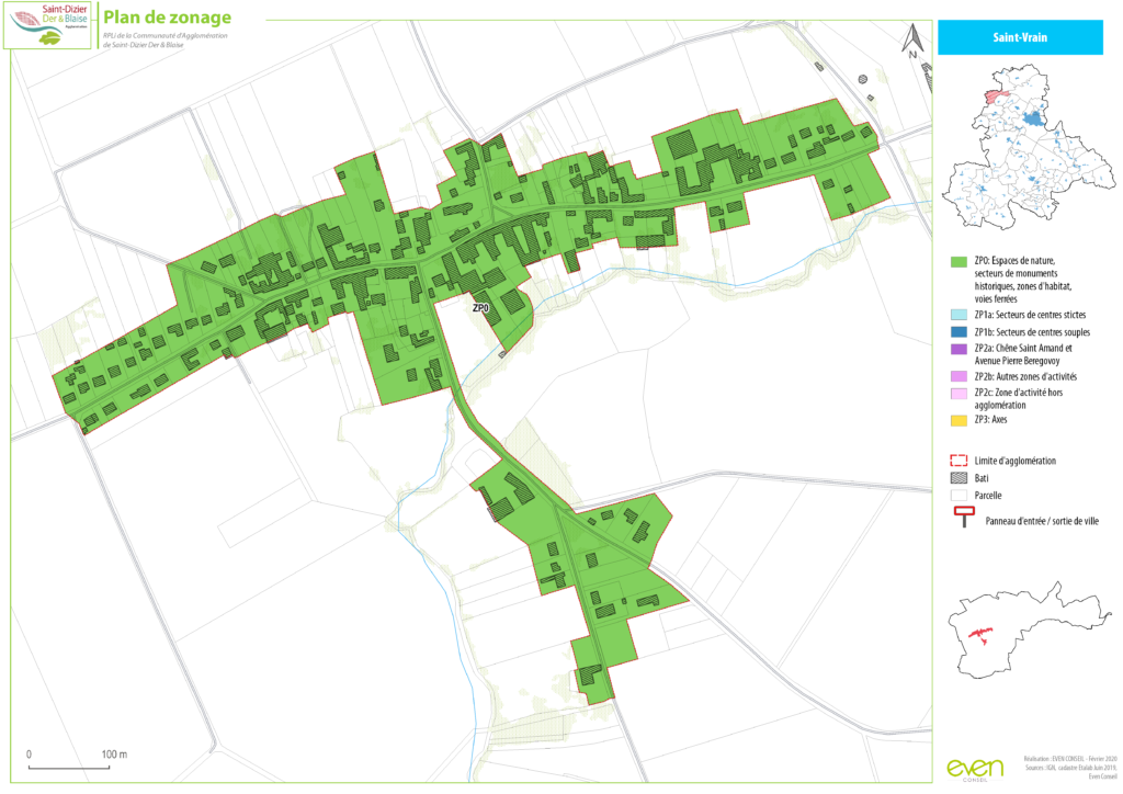 Plan de zonage de Saint-Vrain montrant les espaces naturels, zones bâties et activités selon le code couleur.