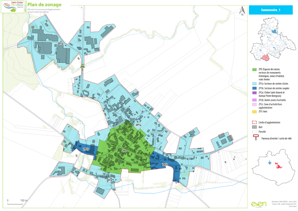 Carte de zonage de Sommevoire, illustrant les espaces naturels, zones d'habitat, voies et limites d'agglomération.