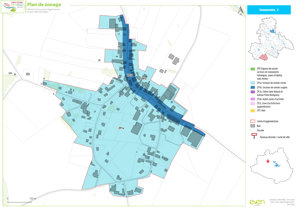 Plan de zonage de Sommevoire montrant les zones d'habitat, d'activités et espaces naturels.