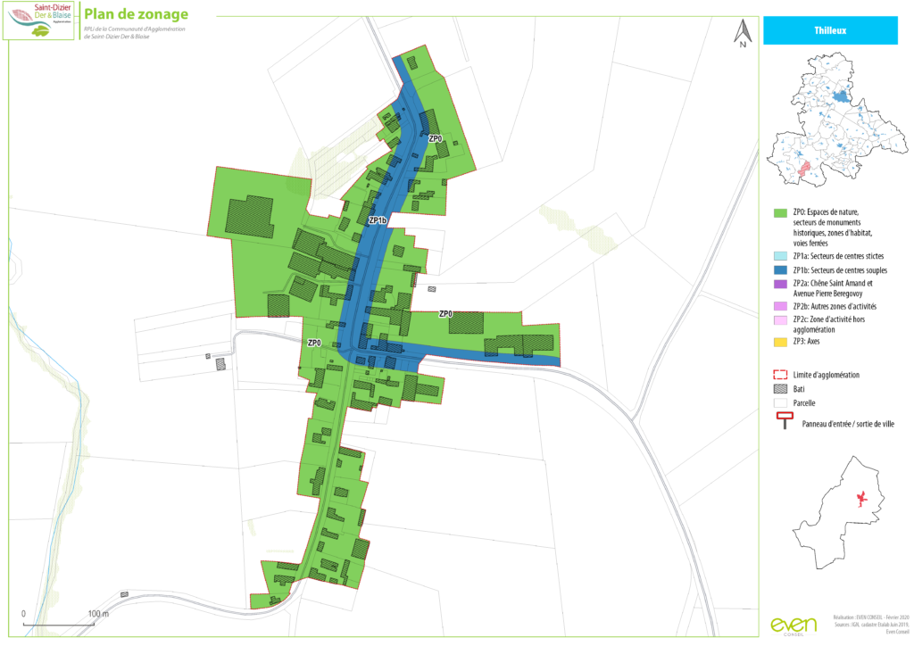 Plan de zonage de Thilleux avec secteurs d'habitat, espaces naturels, et voies principales. Légende incluse.