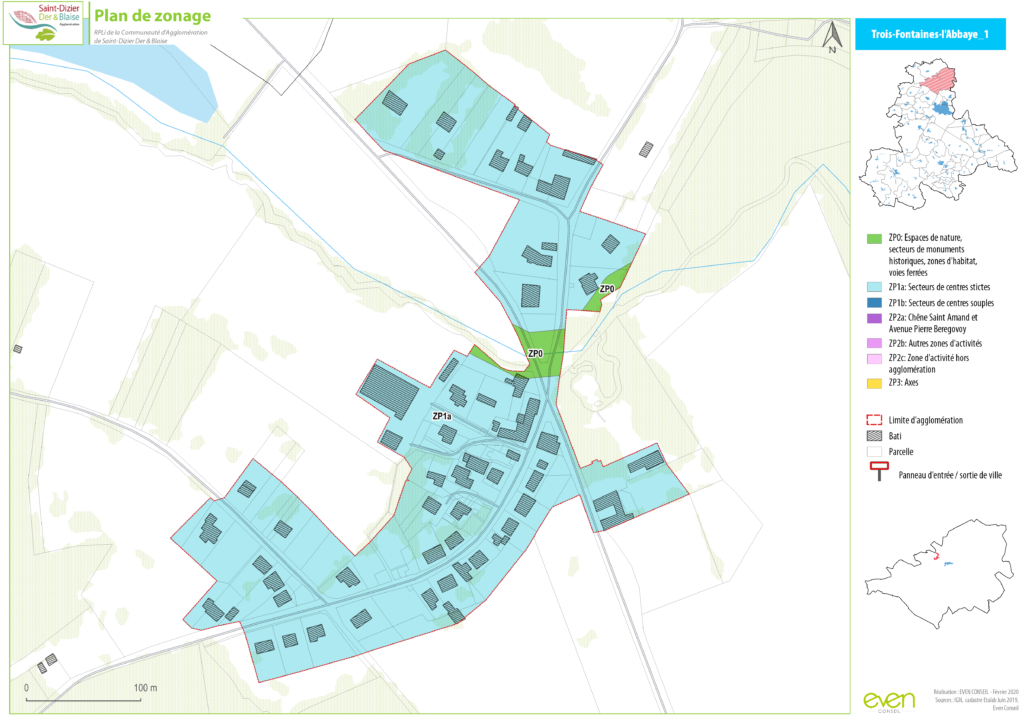Plan de zonage de Trois-Fontaines-l'Abbaye montrant les espaces naturels, habitats et activités.