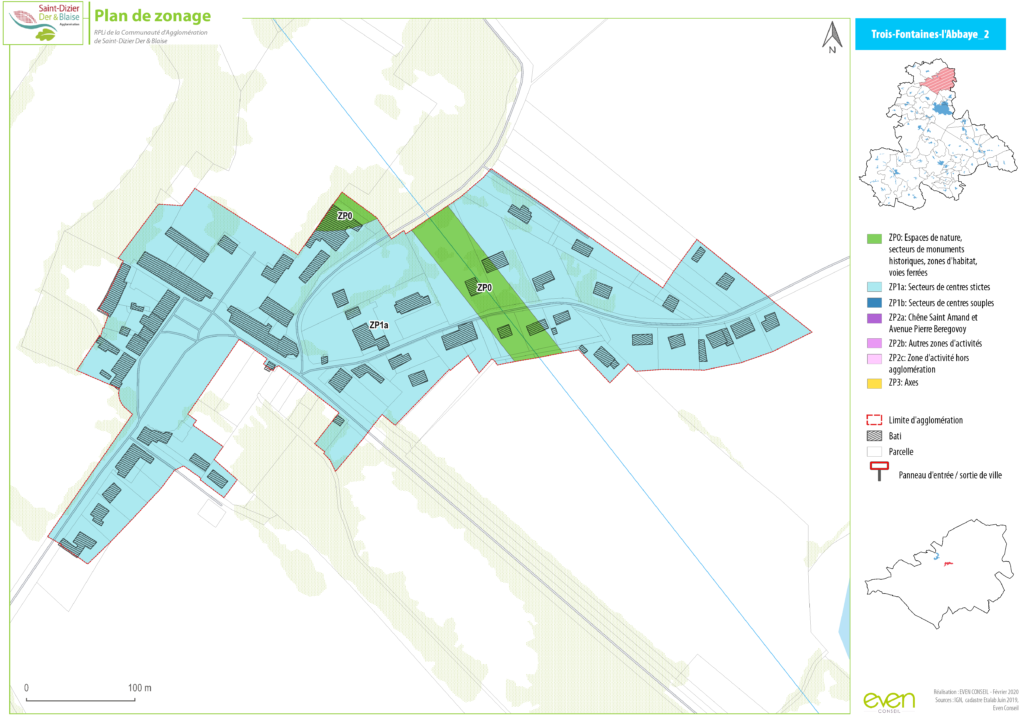 Plan de zonage de Trois-Fontaines-l'Abbaye montrant les espaces naturels, habitats et zones d'activité.