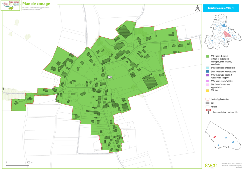 Carte de zonage de Troisfontaines-la-Ville montrant les espaces naturels, zones d'habitat et différentes sections en couleur.