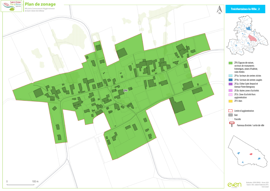 Carte de zonage de Troisfontaines-la-Ville montrant les espaces verts, limites d’agglomération et zones bâties.