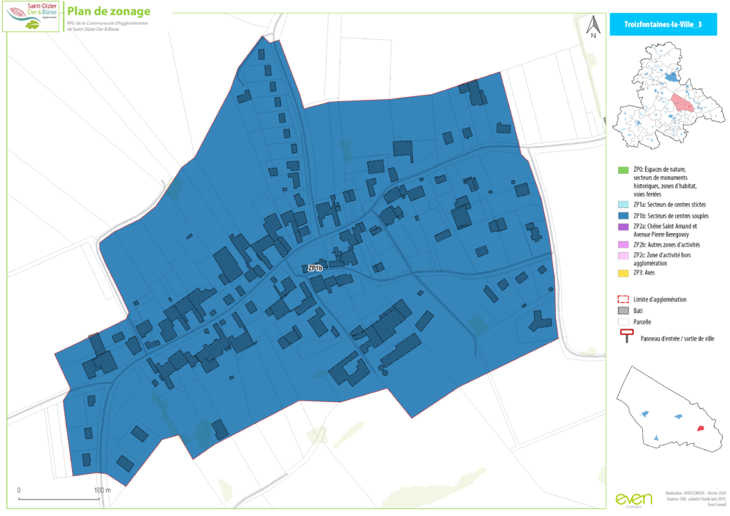 Plan de zonage de Troisfontaines-la-Ville montrant les secteurs d'habitat et les limites d'urbanisation.