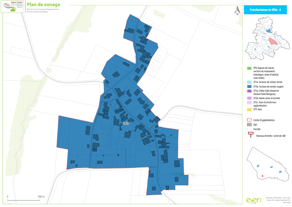 Carte de zonage de Troisbosc, montrant les secteurs bâtis en bleu et les limites d'agglomération en rouge.