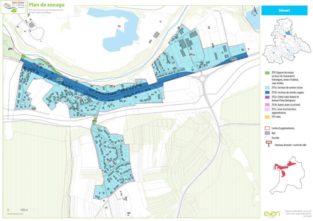 Plan de zonage de Valcourt, zones résidentielles et industrielles, chemins d'accès, rivières et espaces verts.