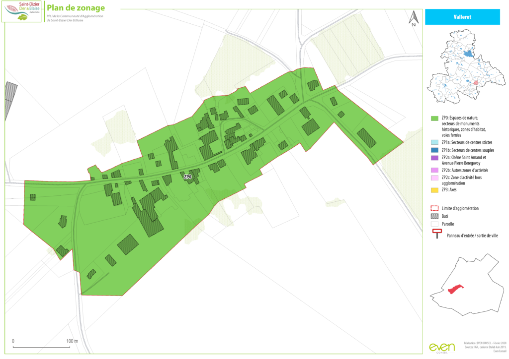 Plan de zonage de Vallent, montrant les espaces naturels, zones d'habitat et centres d'activité en vert.