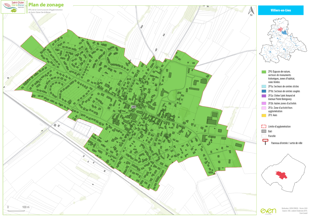 Plan de zonage de Villiers-en-Lieu montrant les secteurs d'habitat, de nature, d'activités et les voies principales.