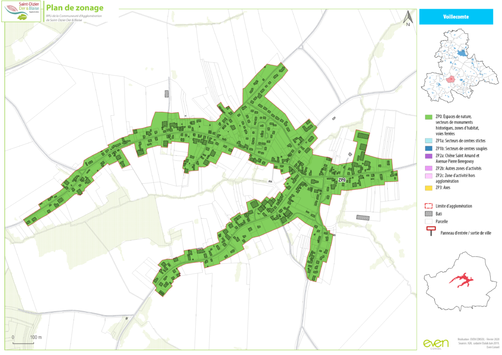 Plan de zonage de Voillecomte avec zones urbanisées vertes, limites d'agglomération et légende pour espaces et activités.