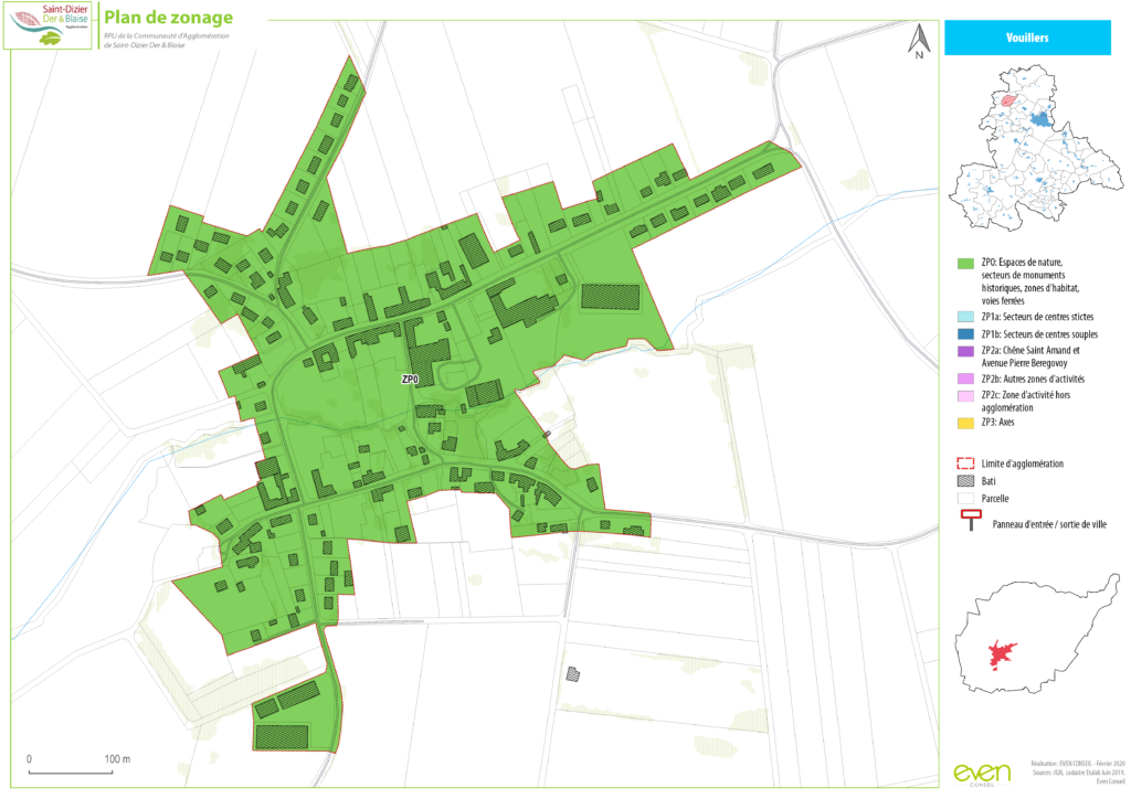 Plan de zonage communal de Vouillers avec espaces naturels, habitations et accès routiers, Saint-Dizier Der & Blaise.