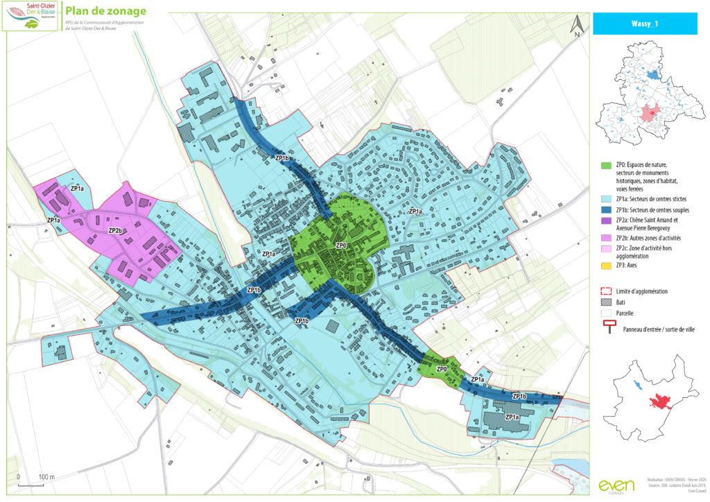 Plan de zonage de Wassy avec délimitations des zones d'activités et espaces verts, Saint-Dizier Der et Blaise.