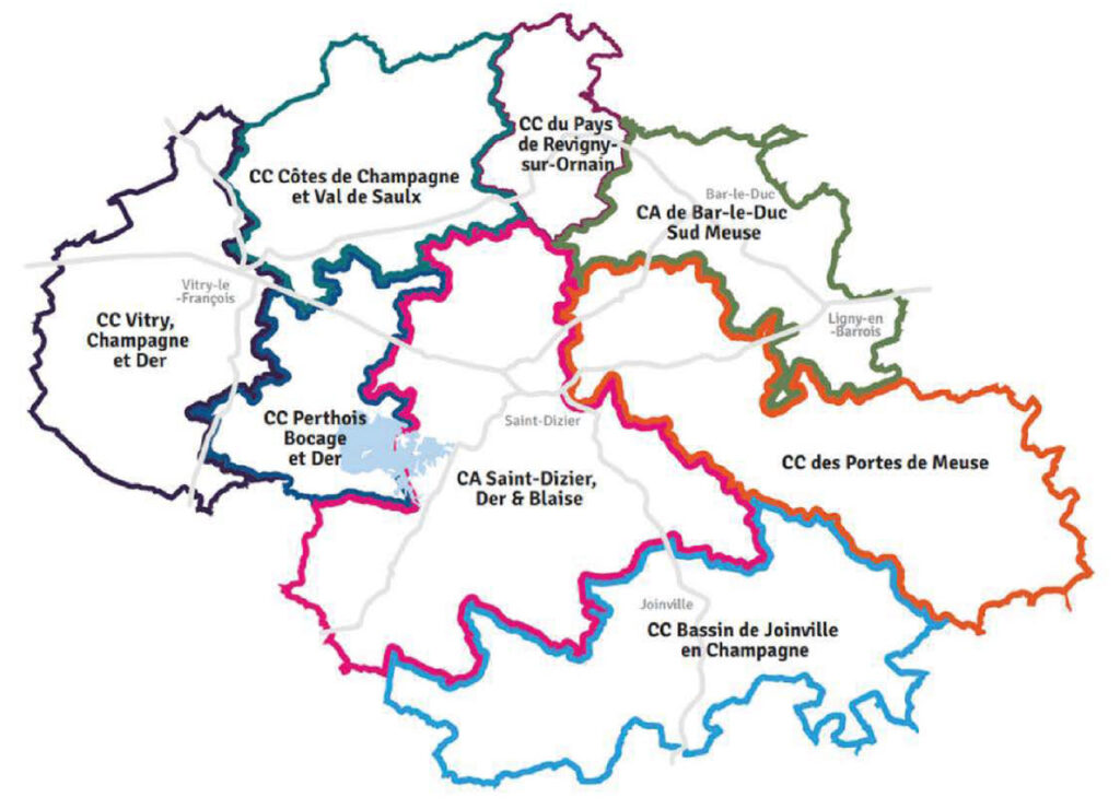 Carte des communautés de communes de la région, incluant Saint-Dizier, Bar-le-Duc, Revigny et Joinville.